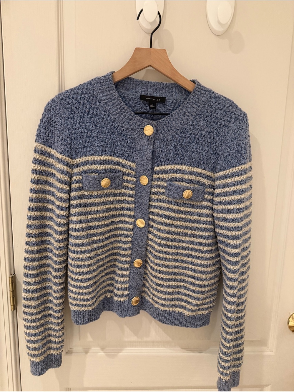 Ann Taylor Blue and Cream Striped Knit Cardigan with Gold Buttons